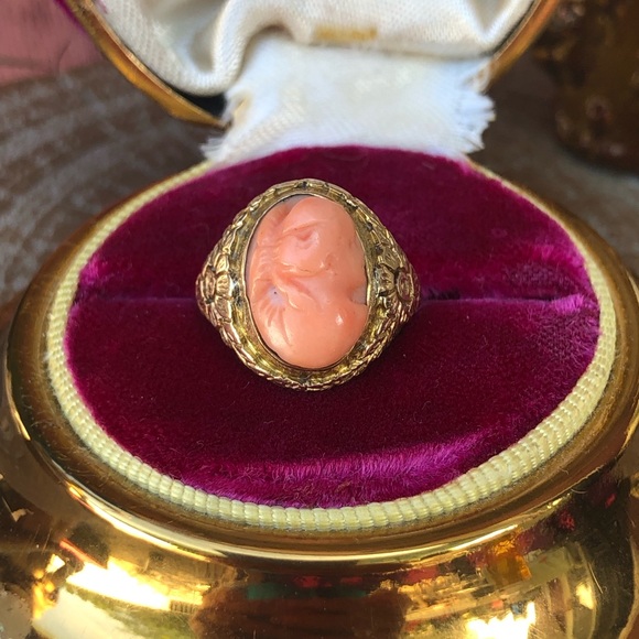 Antique Victorian 1800s 14k solid gold Coral cameo ring carved flowers etched - Picture 4 of 10